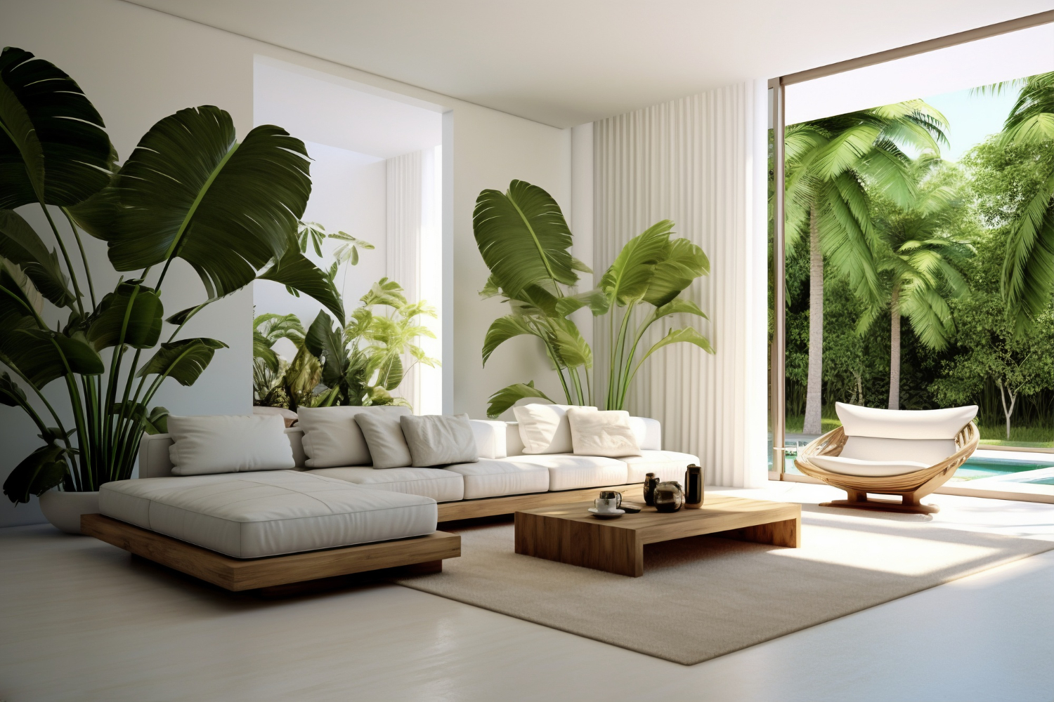 Modern living room with large green plants